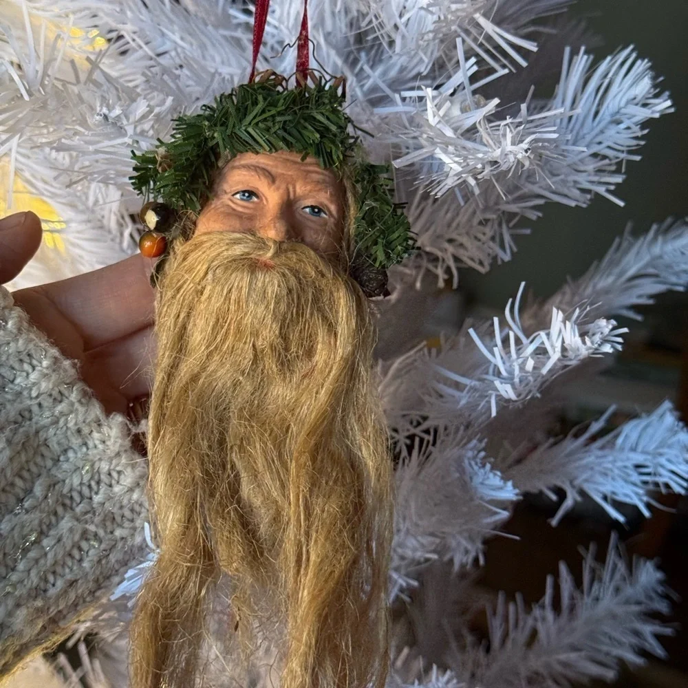 Vintage 1981 Rustic Santa Claus Ornament with Green and Brown Accents